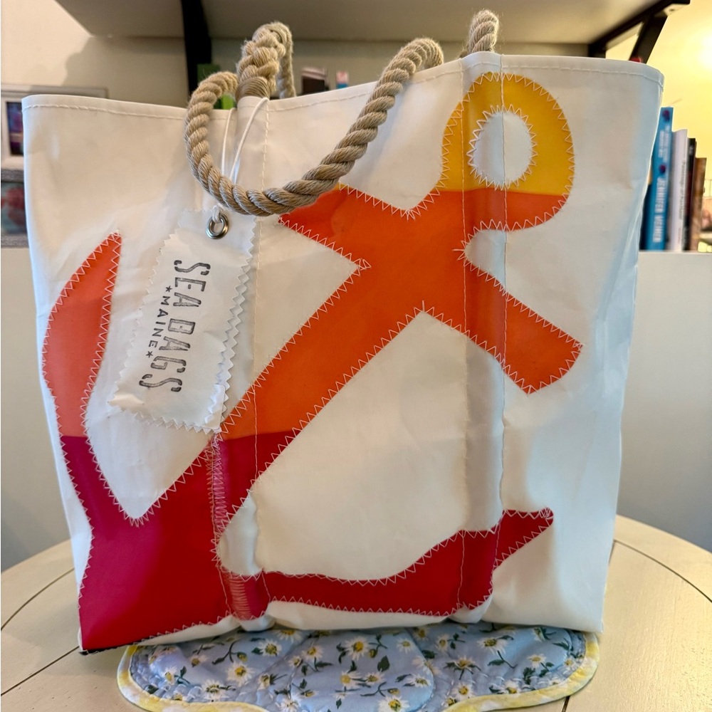 Maine Sea Bags large tote in red, orange, yellow, and white anchor design